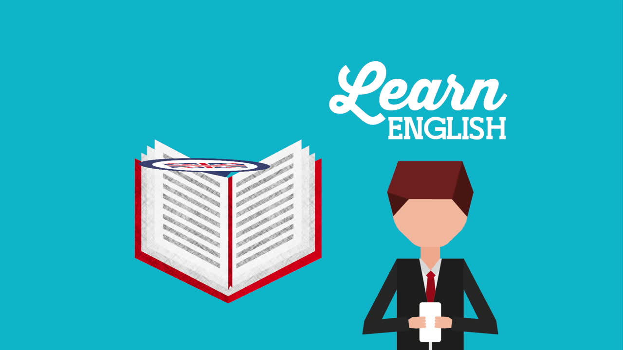 man character with learn english animation