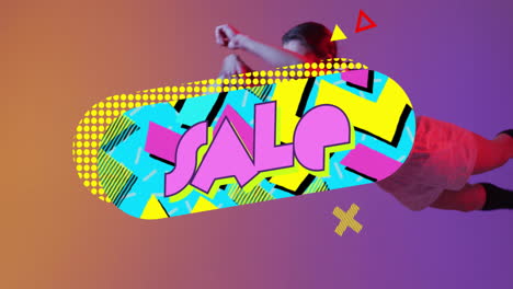 female model diving across gradient backdrop, showcasing retail sale banner with geometric patterns
