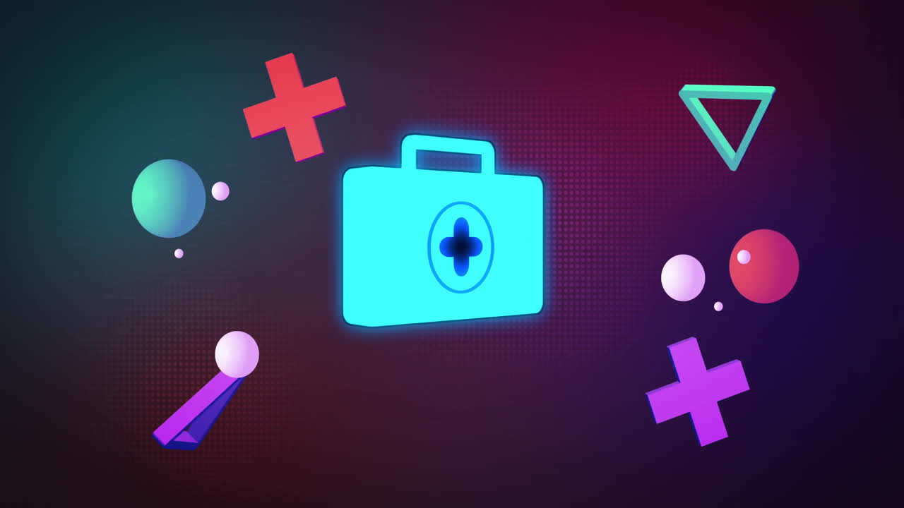Animation of first aid box and glowing shapes moving over black background