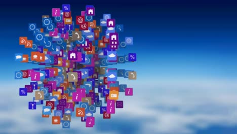 animación del globo con iconos digitales flotando sobre nubes y cielo
