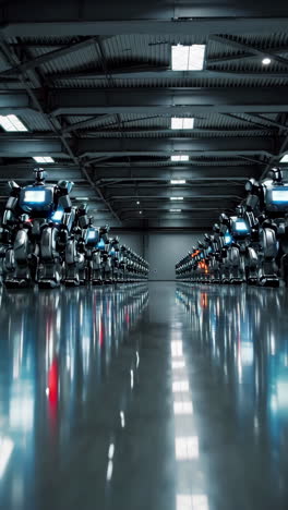 Rows of Robots in a Futuristic Factory