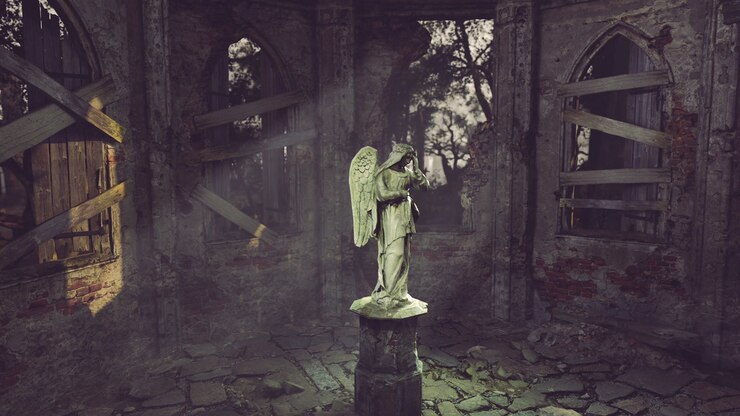 Abandoned structure with a statue of an angel in a dark environment