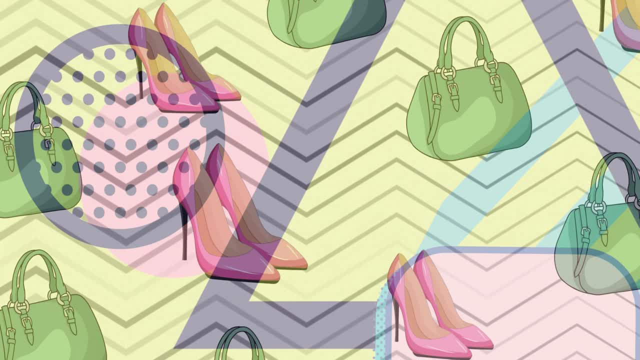animación de zapatos y bolsos que se mueven sobre un fondo amarillo
