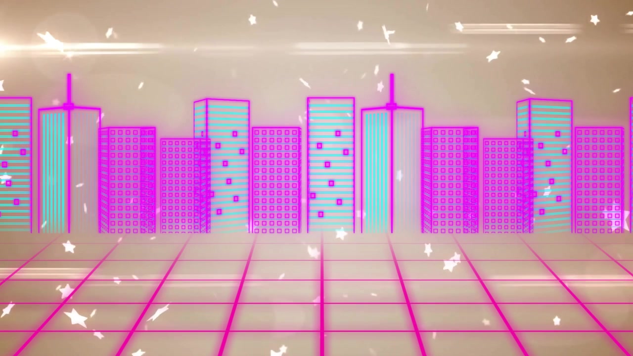 Abertura causando grade de néon e horizonte com partículas brilhantes flutuando, reflexos pulsando para evocar synthwave