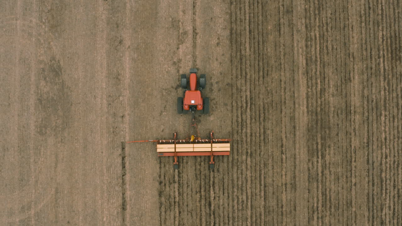 공중 - 수확기 트랙터 재배 토지, 새벽 농업 분야, 하향식