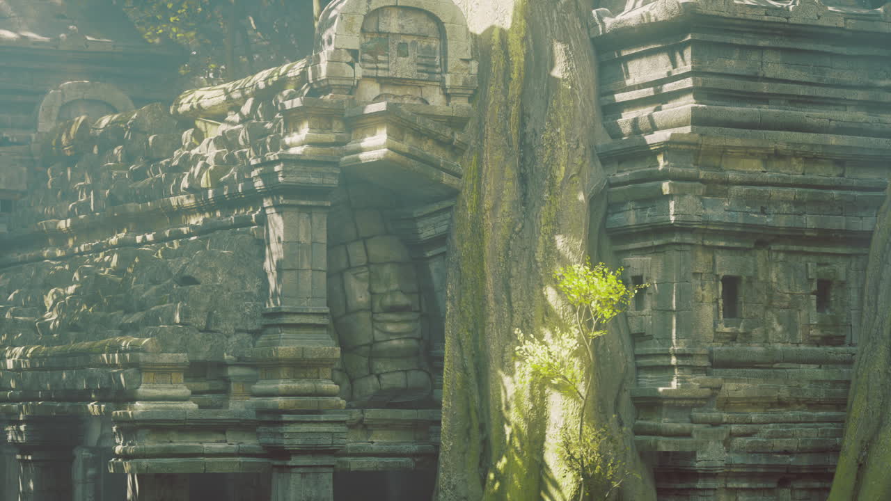 Ancient temple ruins entwined with nature in a misty environment