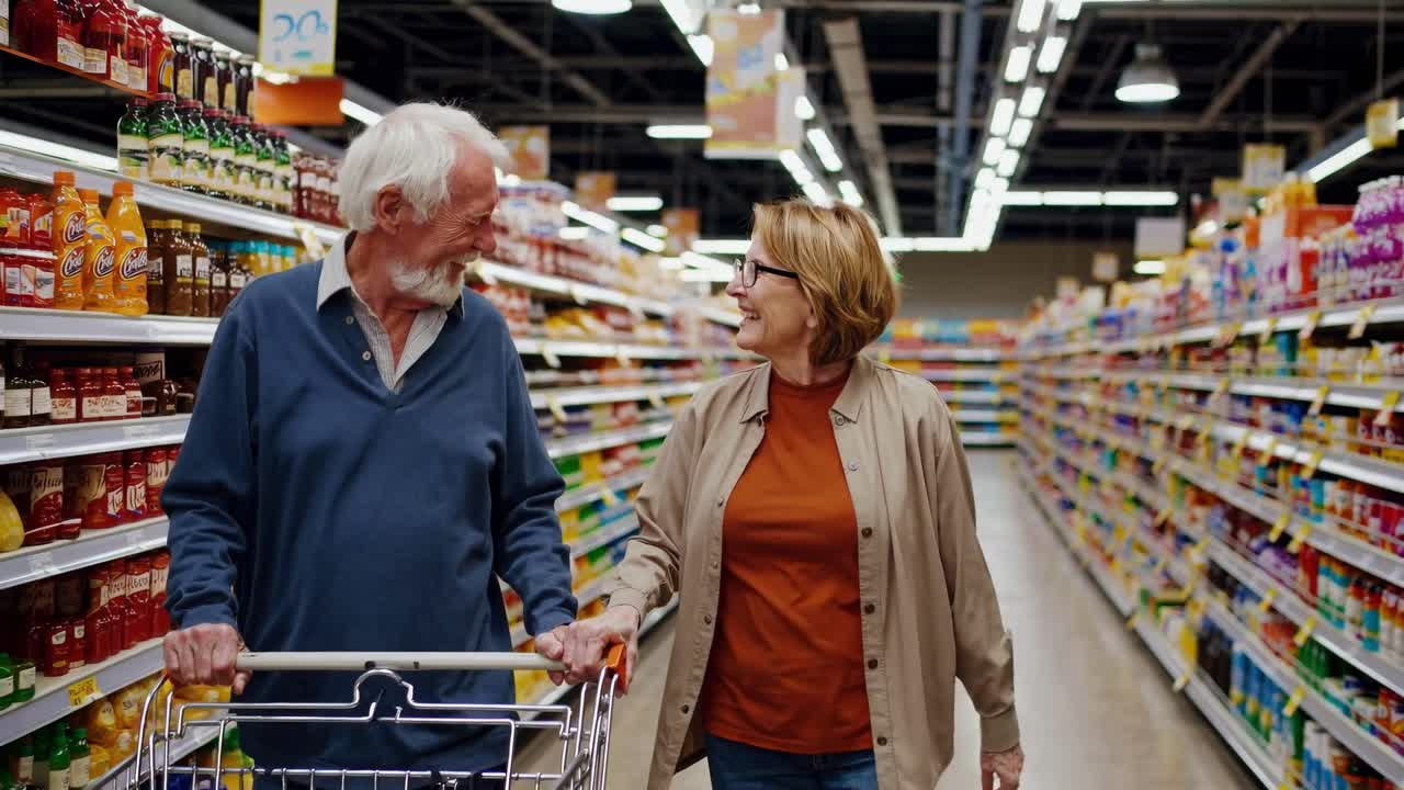 A video captures a candid moment of a senior couple shopping in a grocery aisle, shot from a low