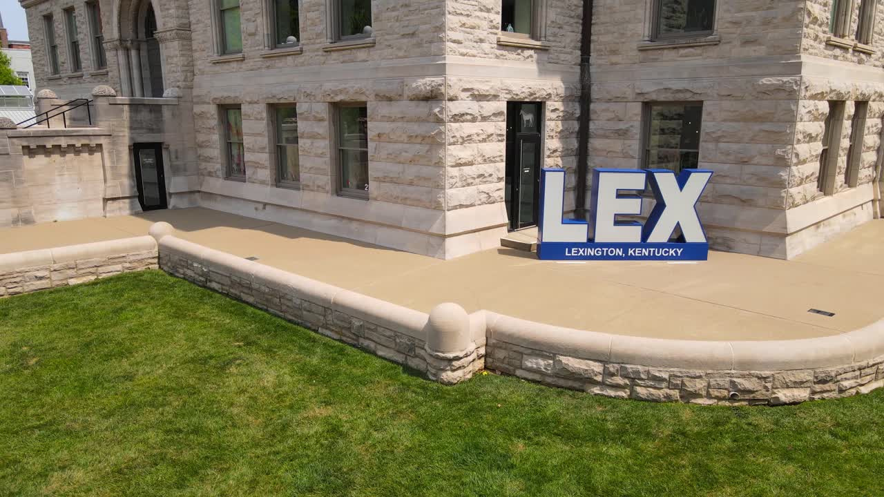 Lexington, Kentucky: Aerial View of Historic Courthouse and LEX Sign