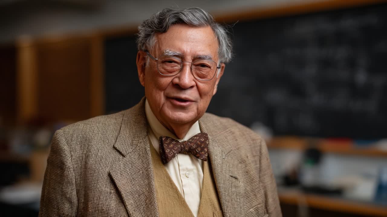 A distinguished older gentleman in a formal setting exuding warmth and wisdom, wearing a classic jacket and bow tie, perfectly capturing a moment of scholarly grace and personality