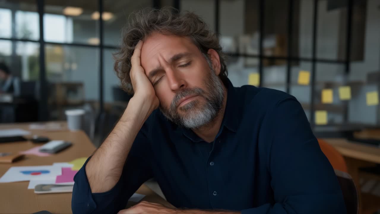 Tired businessman sleeping at office desk