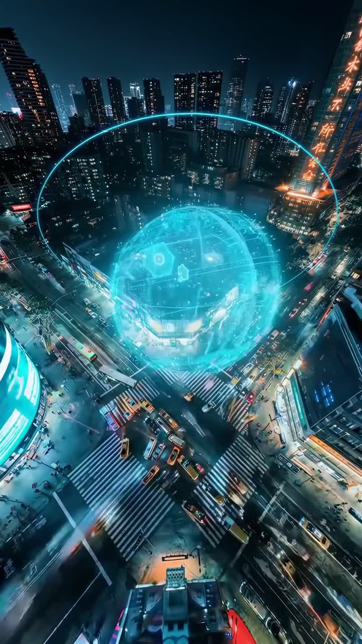 Futuristic cityscape video with a high-angle view, showcasing neon lights and digital elements