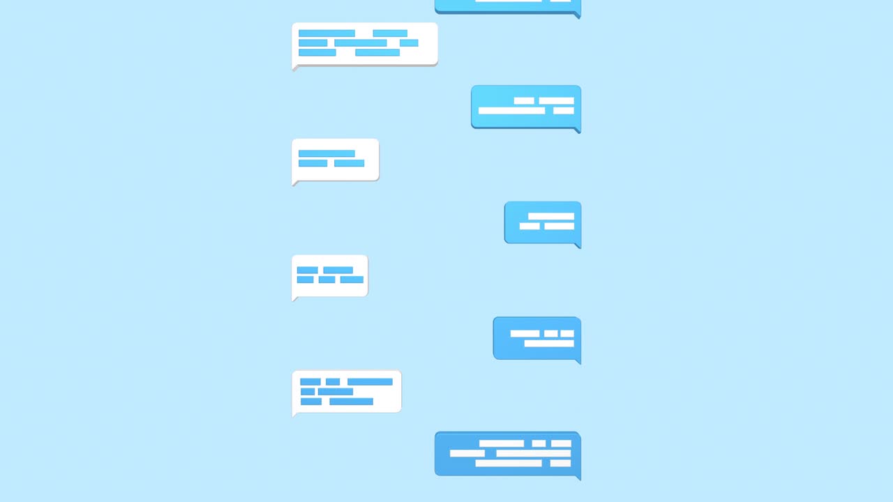 animación de chat de texto en línea. enviar y recibir mensajes, burbujas de habla. conversación en la aplicación de mensajería, chat de sms. comunicación en la red de redes sociales. diseño moderno en 3d