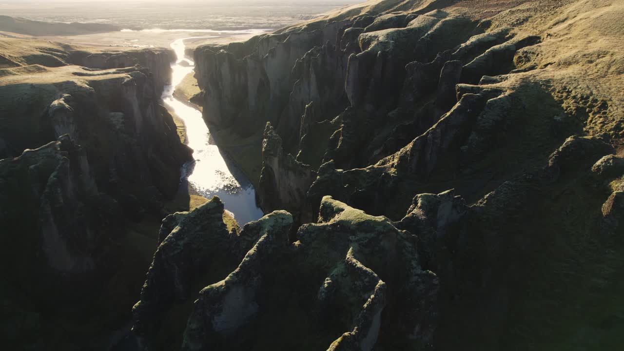 Fja&eth;r&aacute;rglj&uacute;fur, famous river gorge, panorama valley in Iceland, aerial tilt up