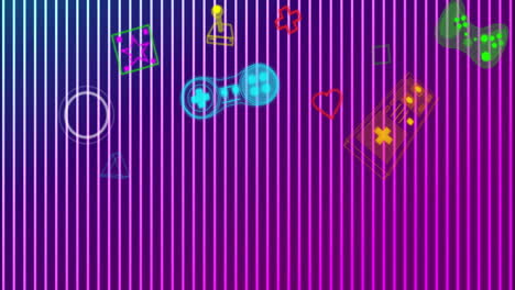 gaming icons and controllers over colorful vertical lines animation