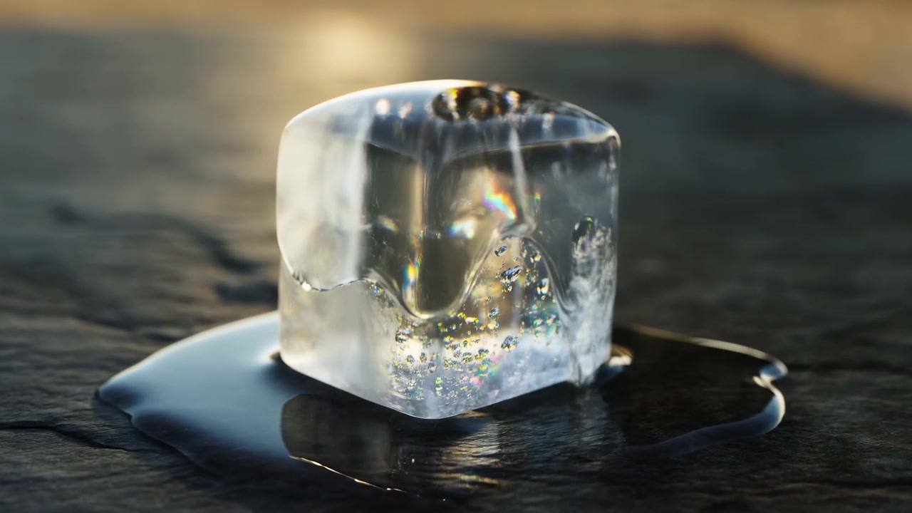 Un cubetto di ghiaccio trasparente poggia vicino al centro di una superficie scura e texturizzata, con umidità e riflessi, illuminato da una luce calda e soffusa proveniente dall'alto a sinistra, in una scena macro brillante.