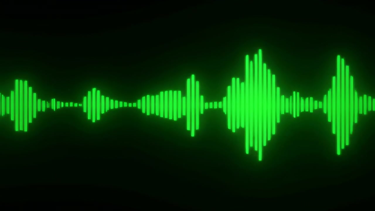 Panoramic close-up of neon green audio waveform built from tightly spaced vertical bars, centered across deep black background with luminous glow, smooth rhythm, modern technology feel, clean