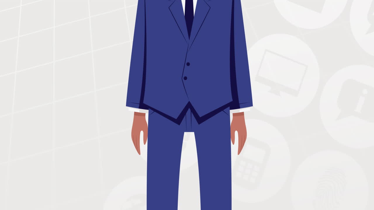 회색 배경에 디지털 아이콘 위에 얼굴 마스크 아이콘을 착용 한 남자의 애니메이션