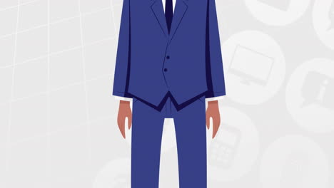 animación de un hombre con un icono de máscara facial sobre iconos digitales sobre un fondo gris