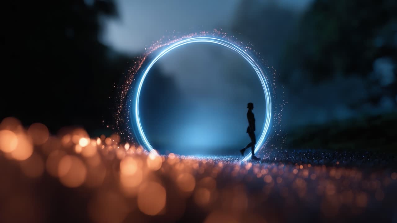 A Mysterious Figure Walks Through a Glowing Portal in a Dreamlike Landscape Surrounded by Sparkling Lights and Ambiguous Atmosphere