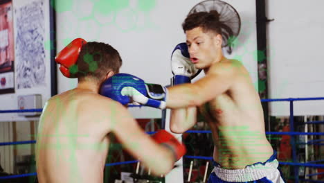 two boxers sparring inside gym ring with boxing gloves, showing health concept with digital overlay