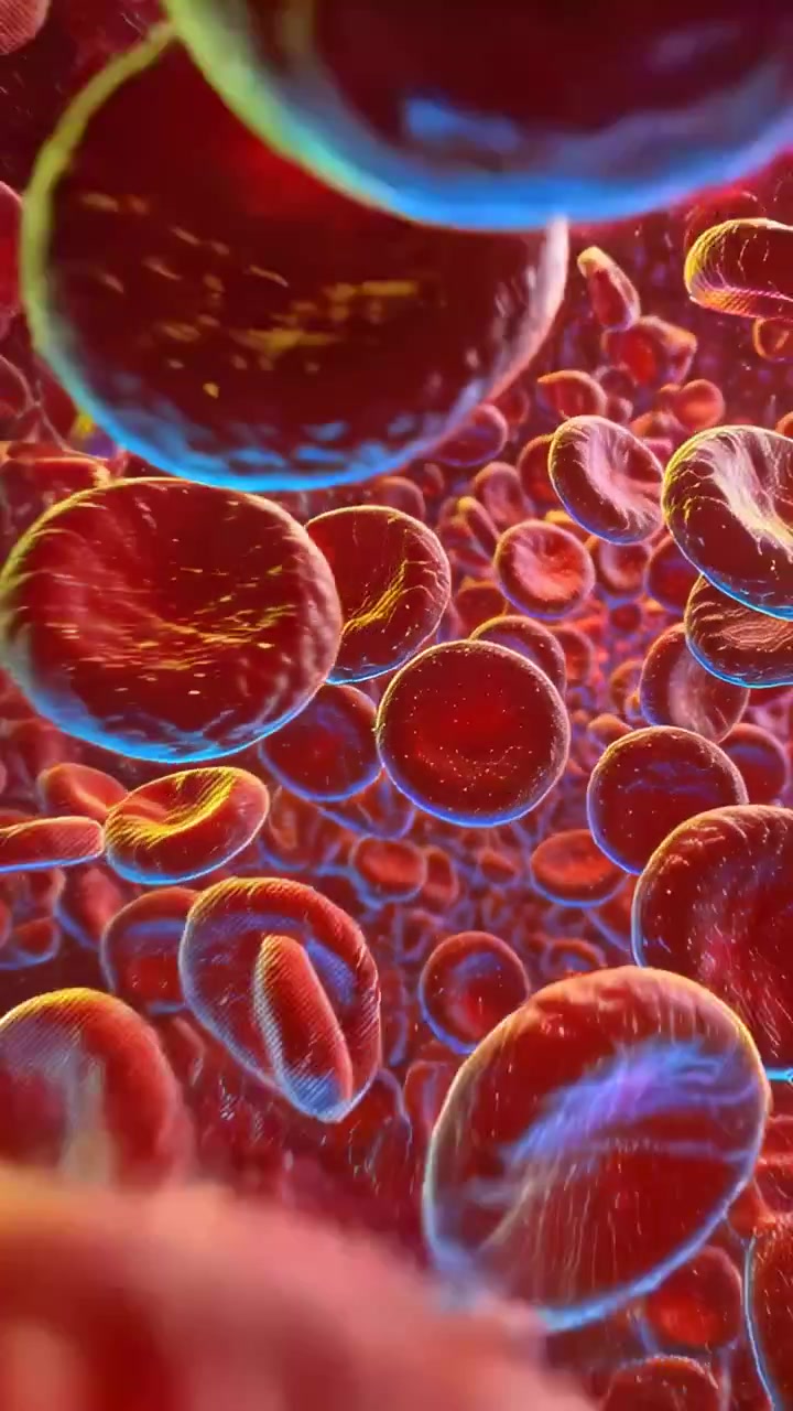 Vertical video: Flowing red blood cells rotating in vascular lumen, showing blue rim and specks