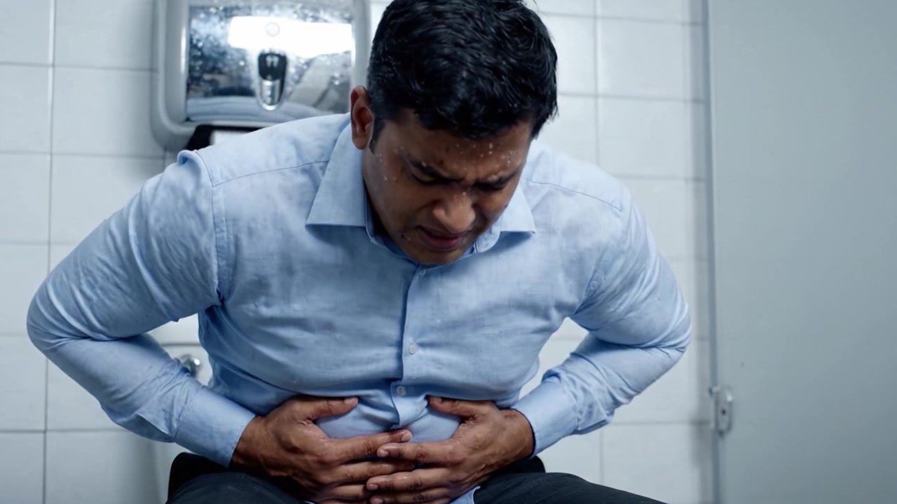 A Man Experiencing Severe Abdominal Discomfort in a Restroom, Illustrating the Physical Strain and Distress of Digestive Issues in a Private Setting