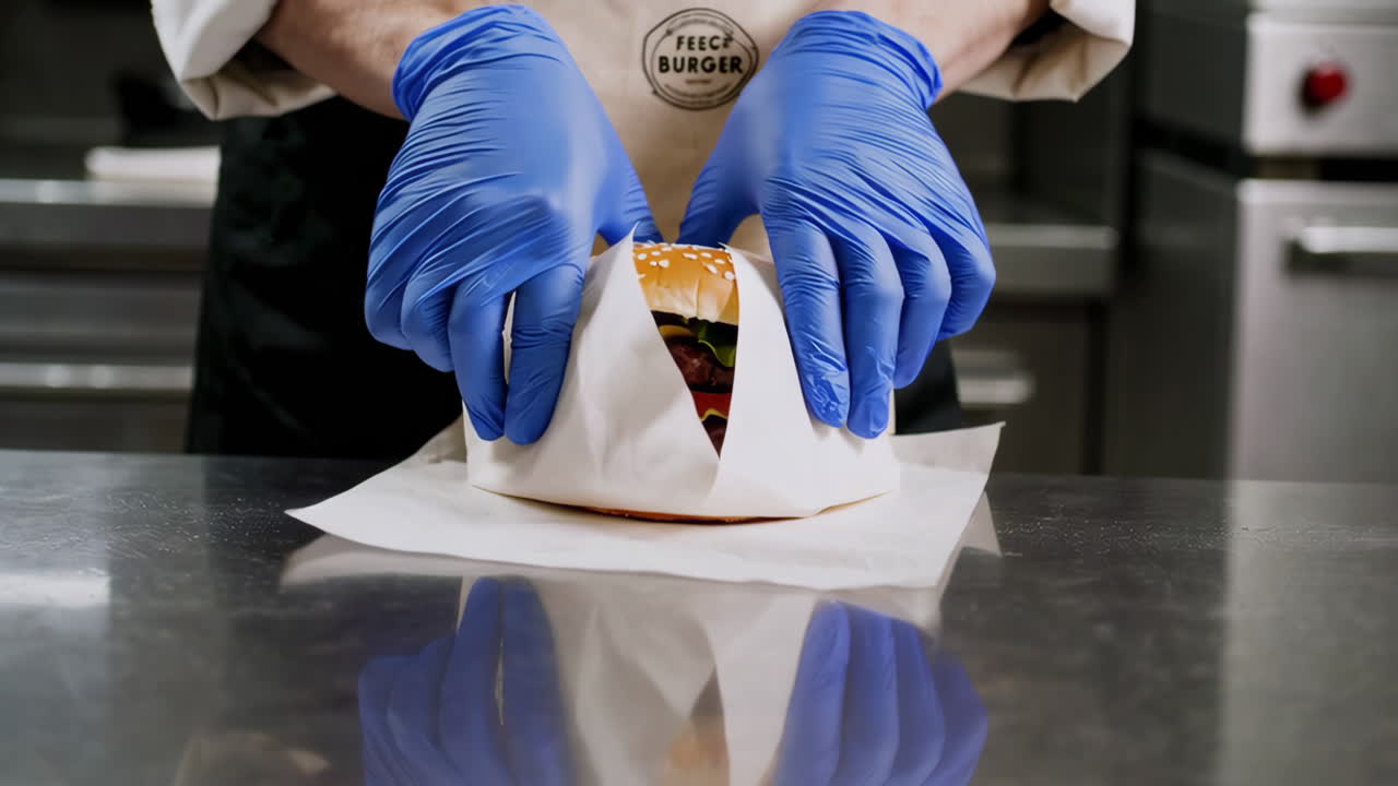 Chef che prepara un hamburger in una cucina di ristorante