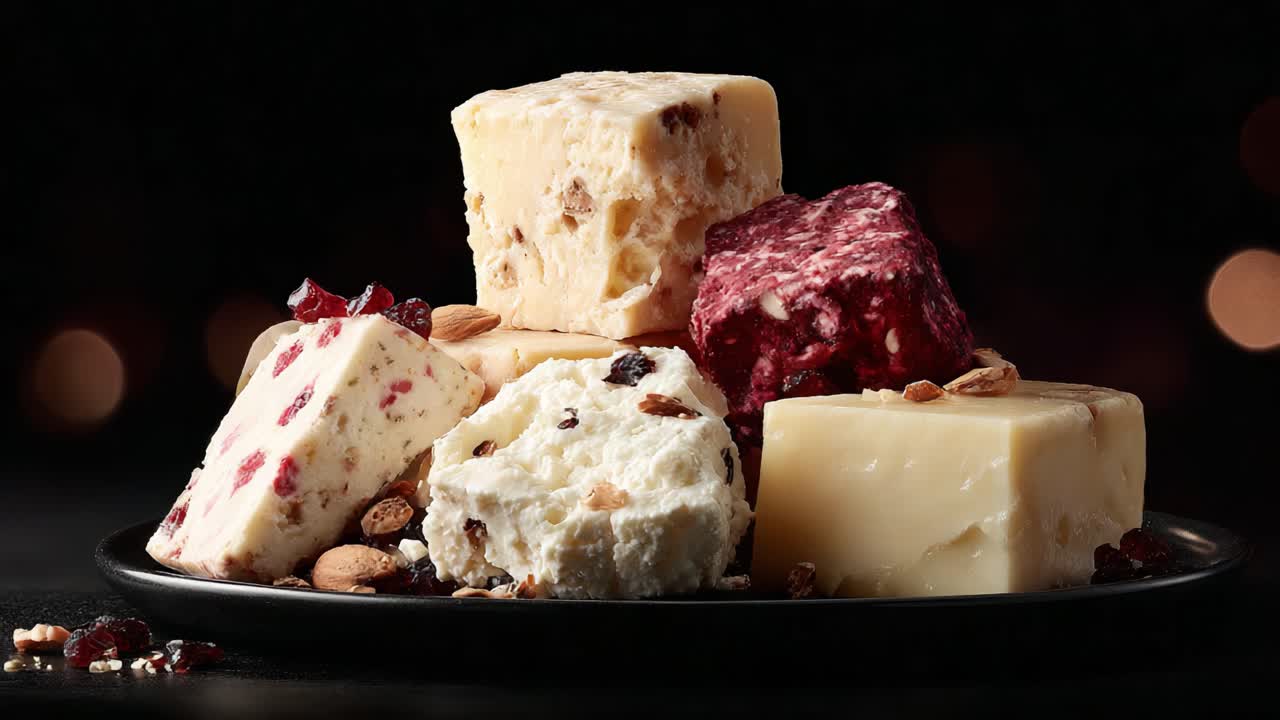 An Elegant Display of Assorted Cheeses Arranged on a Dark Plate, Highlighting Textures and Colors Against a Softly Lit Background, Perfect for Culinary Enthusiasts