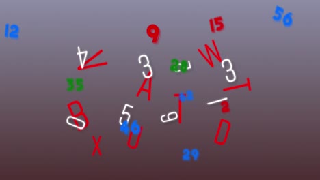 digital animation of multiple changing numbers and alphabets against purple background