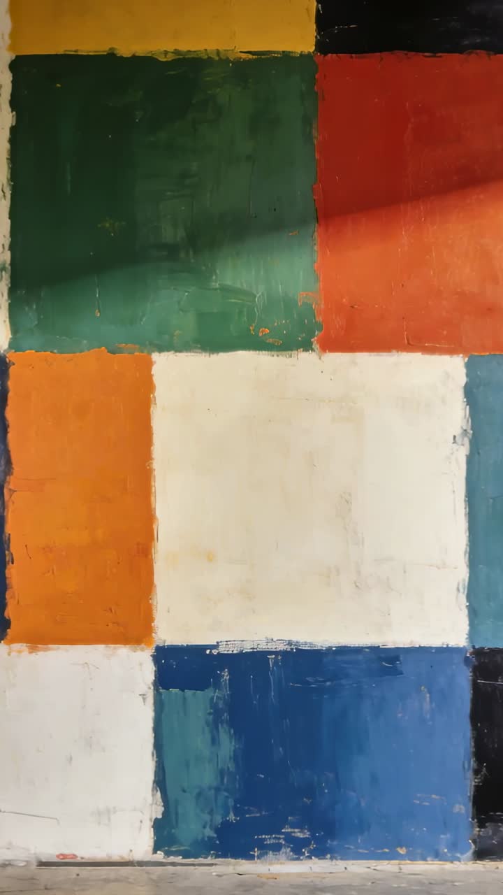 Video verticale: Telecamera del telefono che panoramica, documentando un murale colorato all'interno, con un fascio di luce diagonale che scorre.