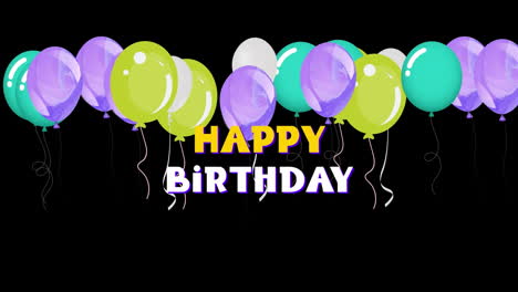 animación del texto de feliz cumpleaños sobre globos coloridos sobre fondo negro