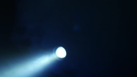 searchlight glows and rotates in a dark room in the smoke