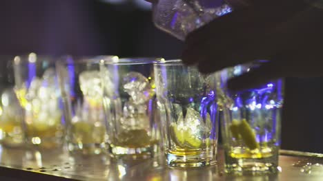 barman putting ice into glass