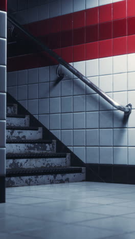 a dark and dimly lit staircase with a handrail and red and white tiles