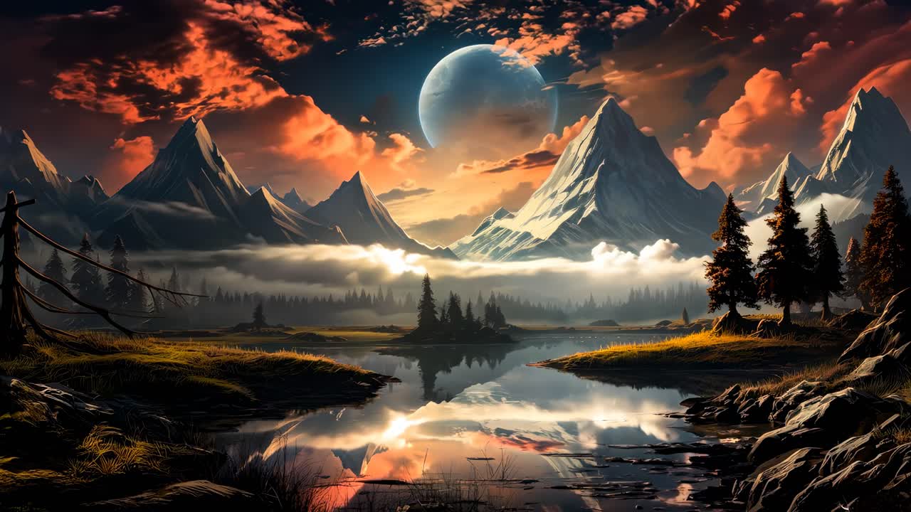 A cinematic video scene of a mystical mountain landscape at dusk, captured from a low angle