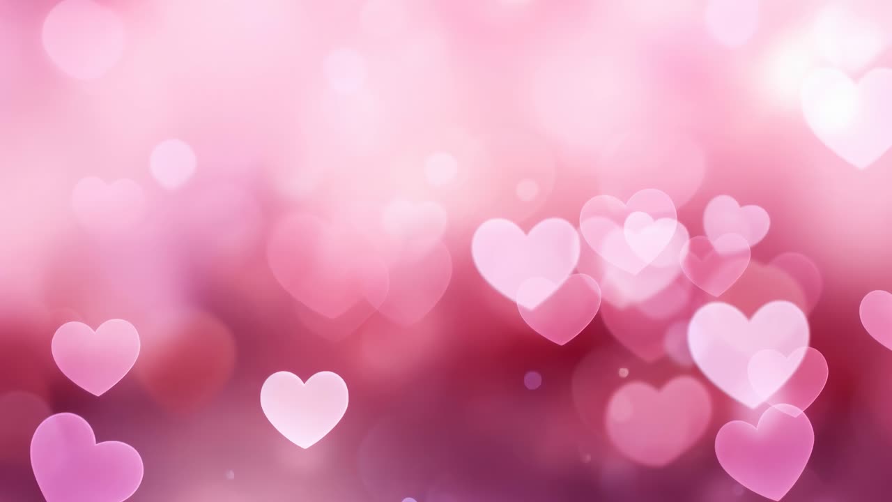 Romantic video background with a soft focus angle, featuring pink heart bokeh lights