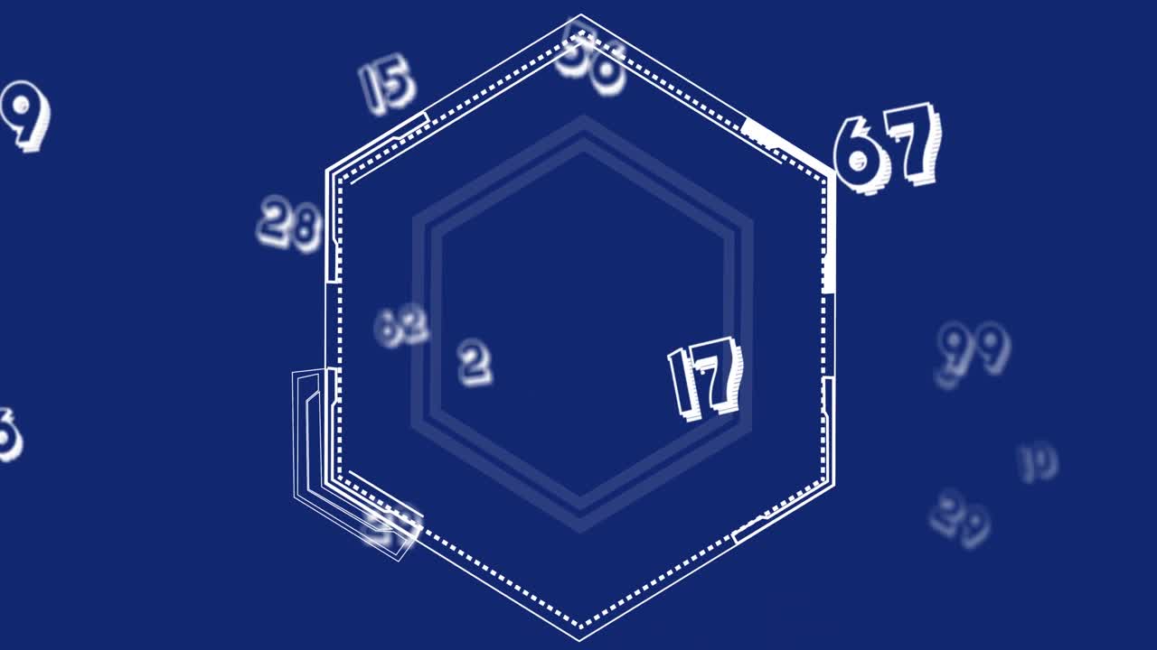 파란색 배경에 추상적인 육각형 모양 위에 떠다니는 숫자의 애니메이션