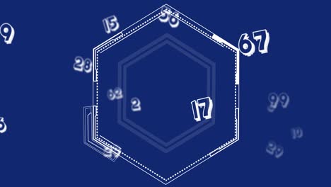 animación de números flotando sobre una forma hexagonal abstracta contra un fondo azul