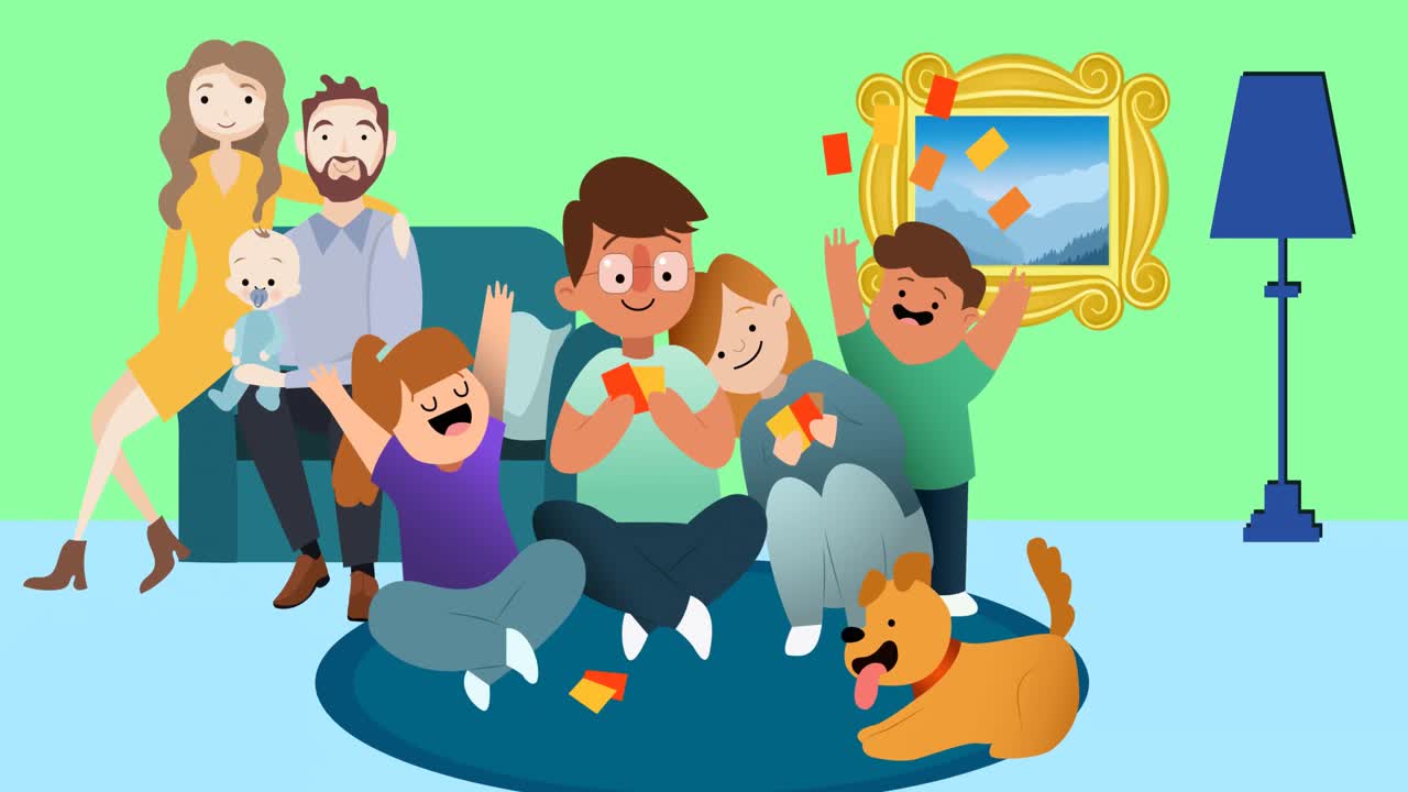 초록색 배경에 포용하는 가족의 구성