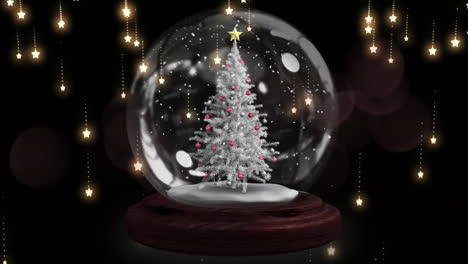 Animation-of-glass-ball-with-christmas-tree,-stars-falling-over-dark-background