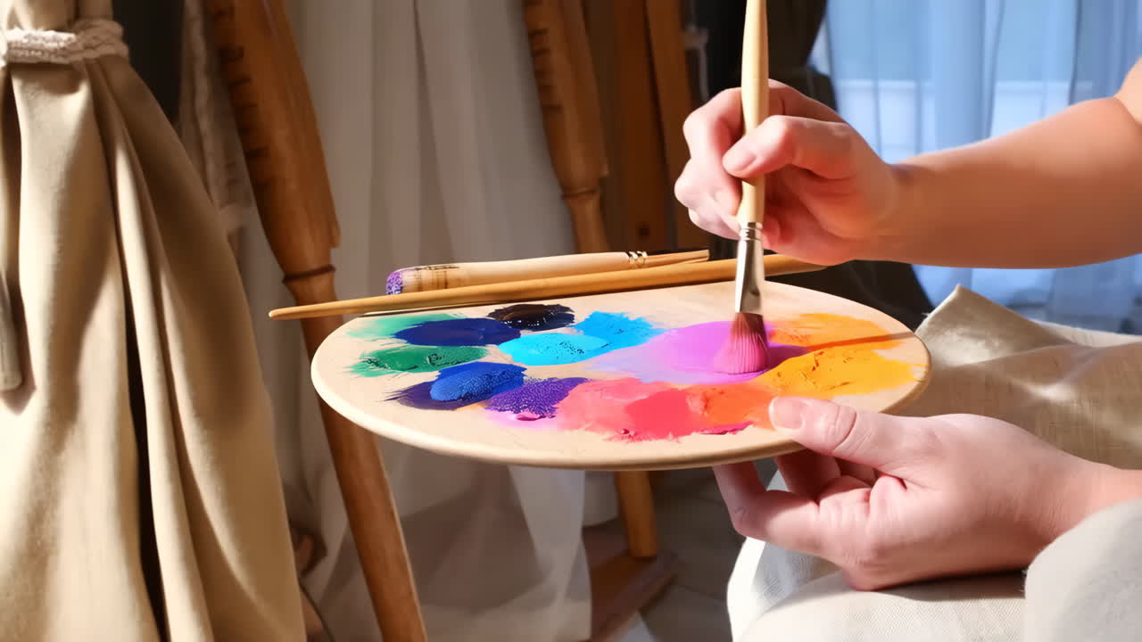 Artist Mixing Colors on a Wooden Palette