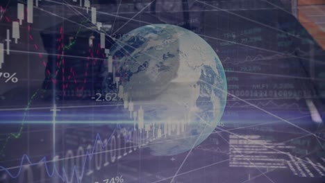 Stock-market-data-processing-over-spinning-globe-against-trolley-bags-on-conveyor-belt-at-airport