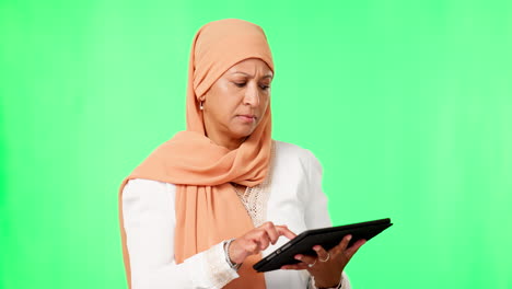 Tablet,-muslim-and-confused-woman-in-studio