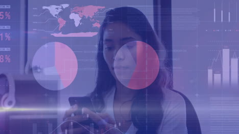 animación de la interfaz infográfica sobre una mujer biracial sonriente escribiendo un mensaje en el teléfono celular en la oficina