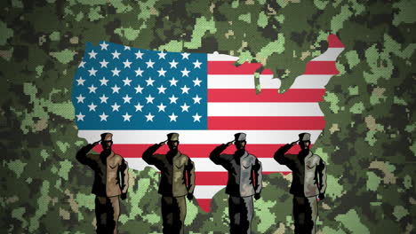 four figures of soldiers saluting over american flag forming map against camouflage background