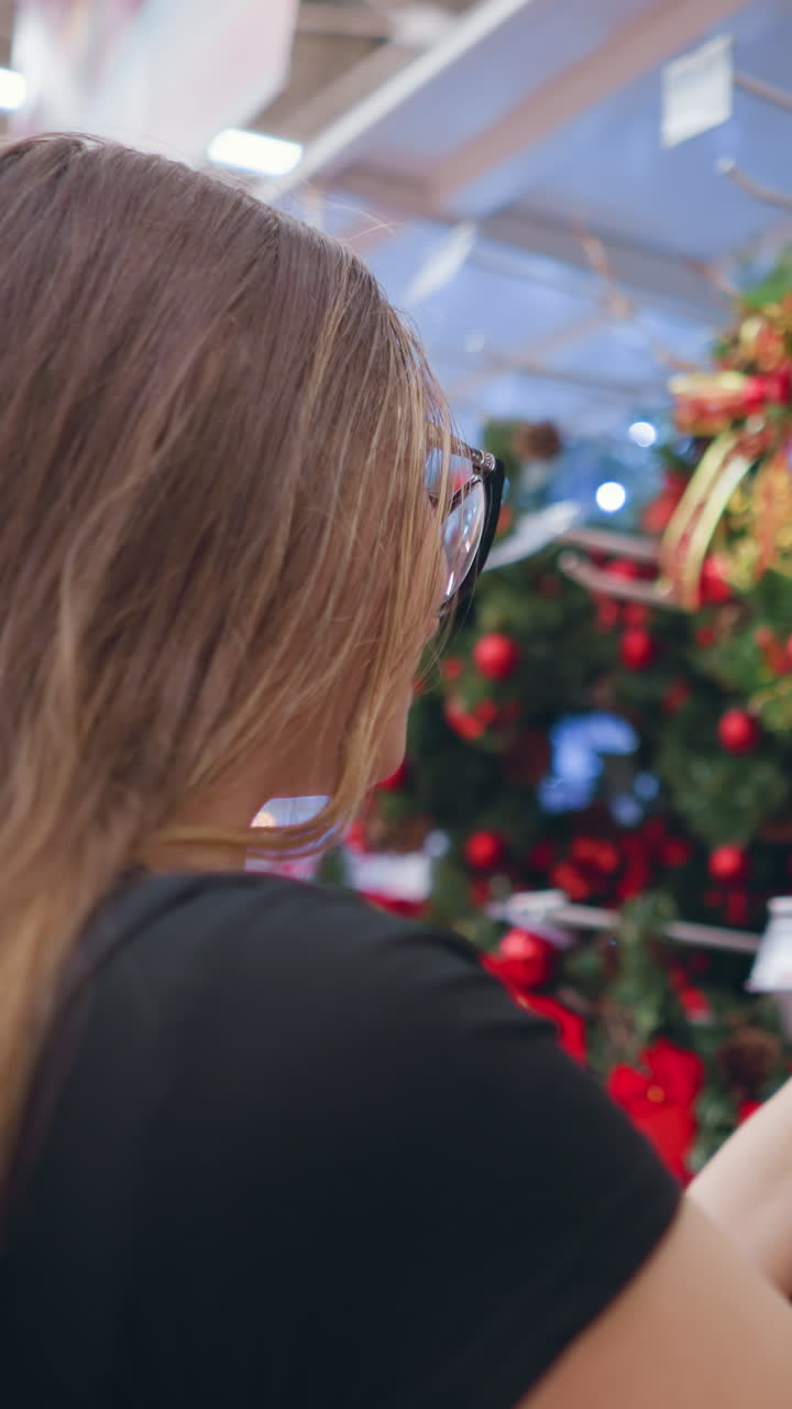 vista lateral de una mujer con una cálida sonrisa navegando por las decoraciones navideñas en una tienda minorista, tocando coronas hermosamente decoradas con adornos y piñas, compradores borrosos en el fondo