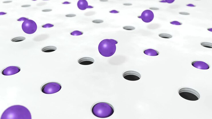 Abstract purple background 3D shapes balls flying in holes. 4K animation looping footage.