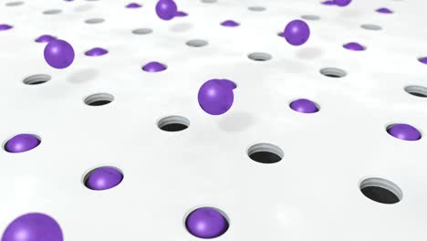 abstracto fondo púrpura 3d formas bolas que vuelan en los agujeros. 4k animación en bucle de imágenes.