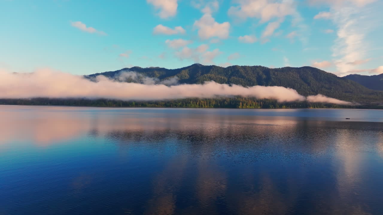 Olympic National Park'taki Quinault Gölü'nün altın saatteki havadan drone görüntüsü; sakin suyu, gün doğumunun sıcak ışığını ve çevredeki yağmur ormanını yakalıyor. Doğa ve manzara çekimleri için ideal.