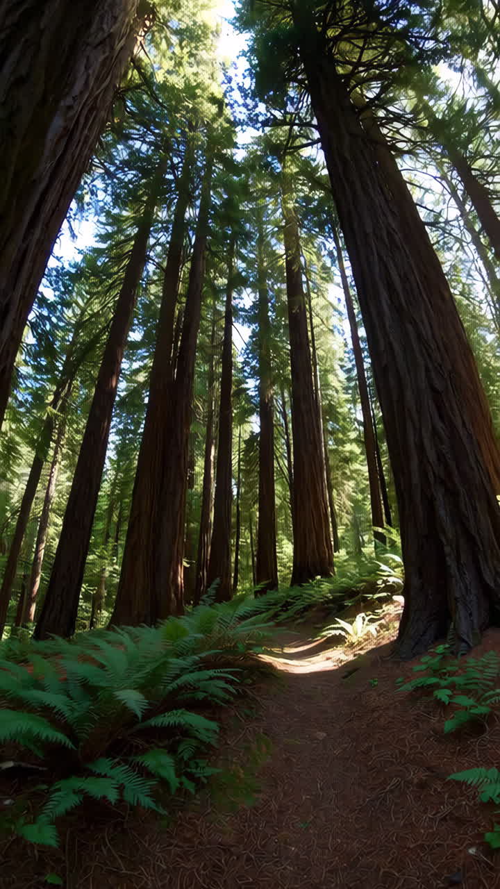 Cammino illuminato dal sole attraverso l'antica foresta di sequoie